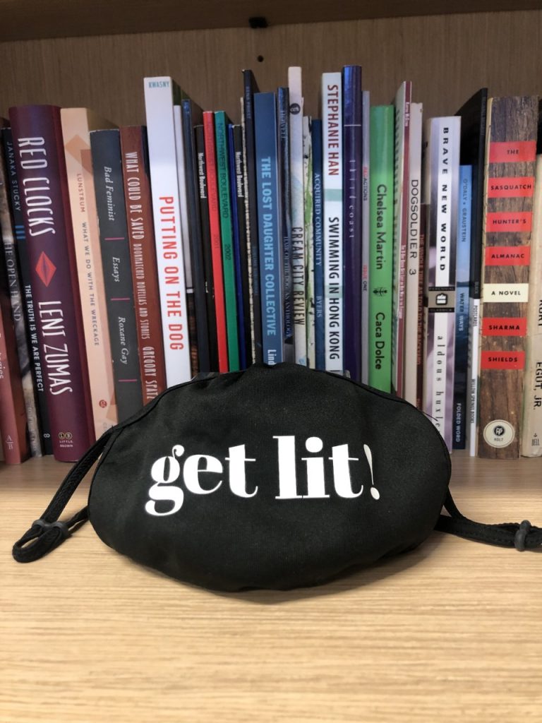 black get lit! adjustable face mask on bookshelf
