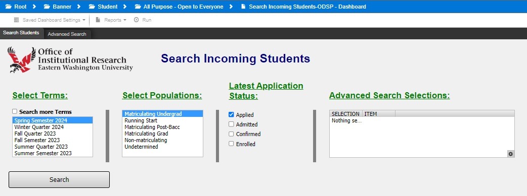 Search Incoming Students Dashboard