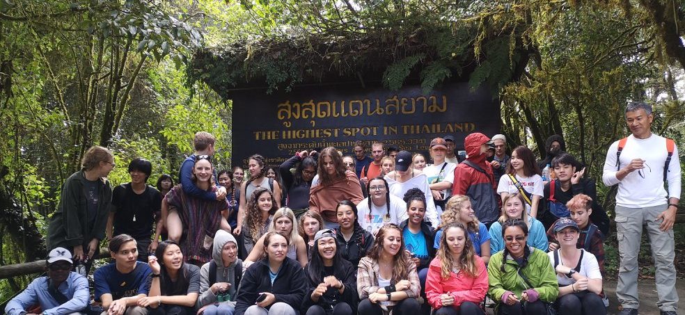 Chiang Mai University (CMU) Welcome Hike from the CMU campus to the summit of Doi Suthep. Malachi Chukwu pictured first row, first from left.