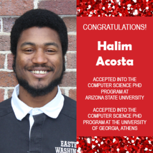 Photo of Halim Acosta next to text congratulating him on acceptance into graduate school