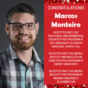 Photo of Marcos Monteiro next to text congratulating him for acceptance in three PhD programs.