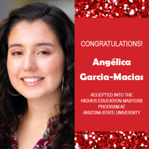 Photo of Angélica Garcia-Macias next to red confetti backdrop and text congratulating her.