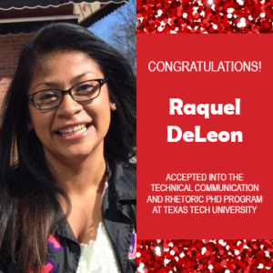 Photo of Raquel DeLeon next to red confetti backdrop and text congratulating her.