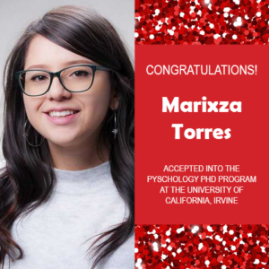 Photo of Marixza Torres next to red confetti background and white text on red congratulating her.