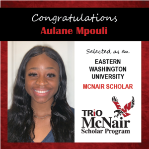 Photo of Aulane Mpouli next to text congratulating her with red textured border.