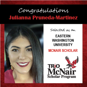 Photo of Julianna Pruneda-Martinez next to text congratulating her with red textured border.