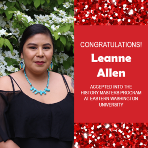 Photo of Leanne Allen next to text announcing her acceptance to grad school, red confetti in the background