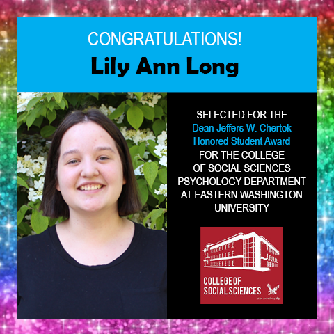 Photo of Angelica Garcia-Macias next to congratulations for her award and a logo for the EWU College of Social Sciences, surrounded by border of rainbow glitter