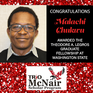 Red glitter background with photo of Malachi Chukwu and logo for EWU McNair