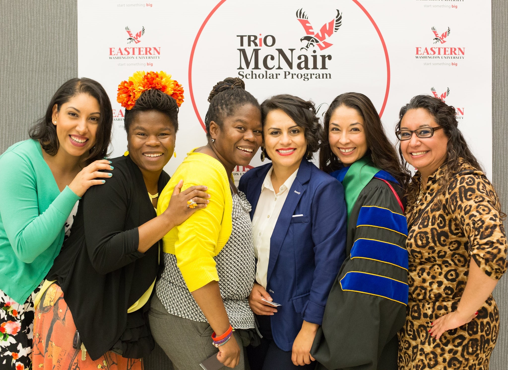 Left to Right:
McNair alum Isaura Gallegos: MS in Genetics and Cell Biology at WSU, current PhD student in Education and Human Learning and Development at Harvard; McNair alum Deseure Deberry: MA in Justice Studies, Arizona State University; McNair alum Charise Deberry, MA in Sociology at WSU, PhD in Cultural Studies and Social Thought in Education, WSU, currently University of Minnesota Morris McNair Assistant Director; McNair alum Maria Morales: PhD in Cultural Studies and Social Thought in Education from WSU, current faculty at the Evergreen State College; Maria Reyna, TRIO Student Support Services alum, Master’s in Social Work from EWU, currently Director New Student Transitions & Family Programs at EWU.