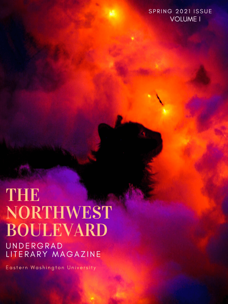 Cover of Northwest Boulevard's spring of 2021 issue. It features large clouds in the night sky. They are lit up by red and orange lights, giving the clouds a orange and purple hue