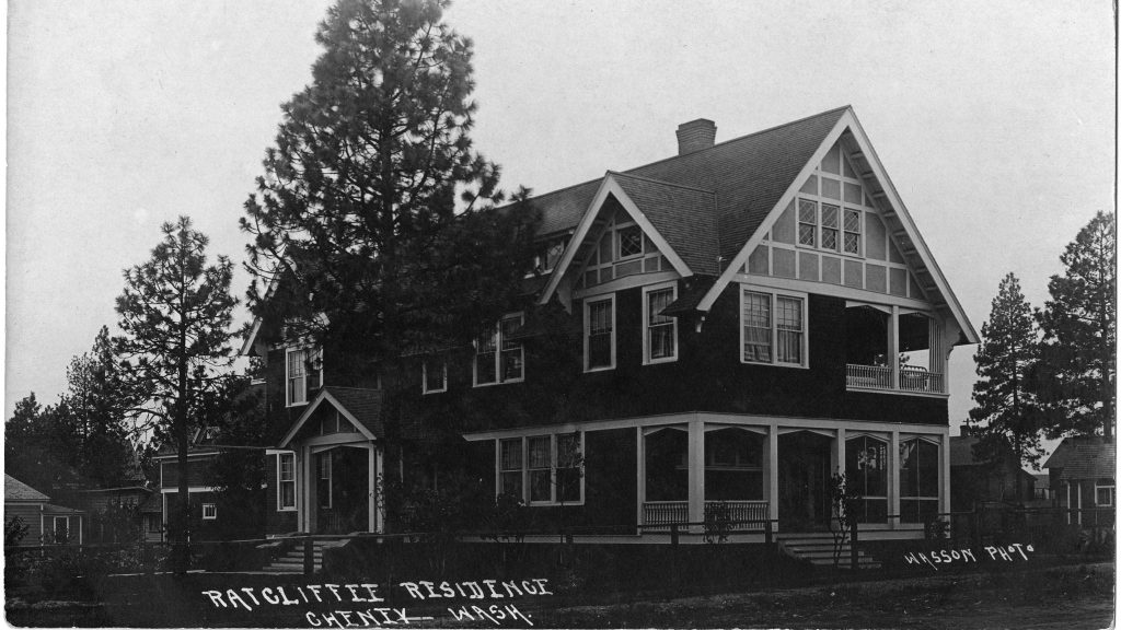 view of Ratcliffe House. The photo is in black and white and show the house from an angle. 